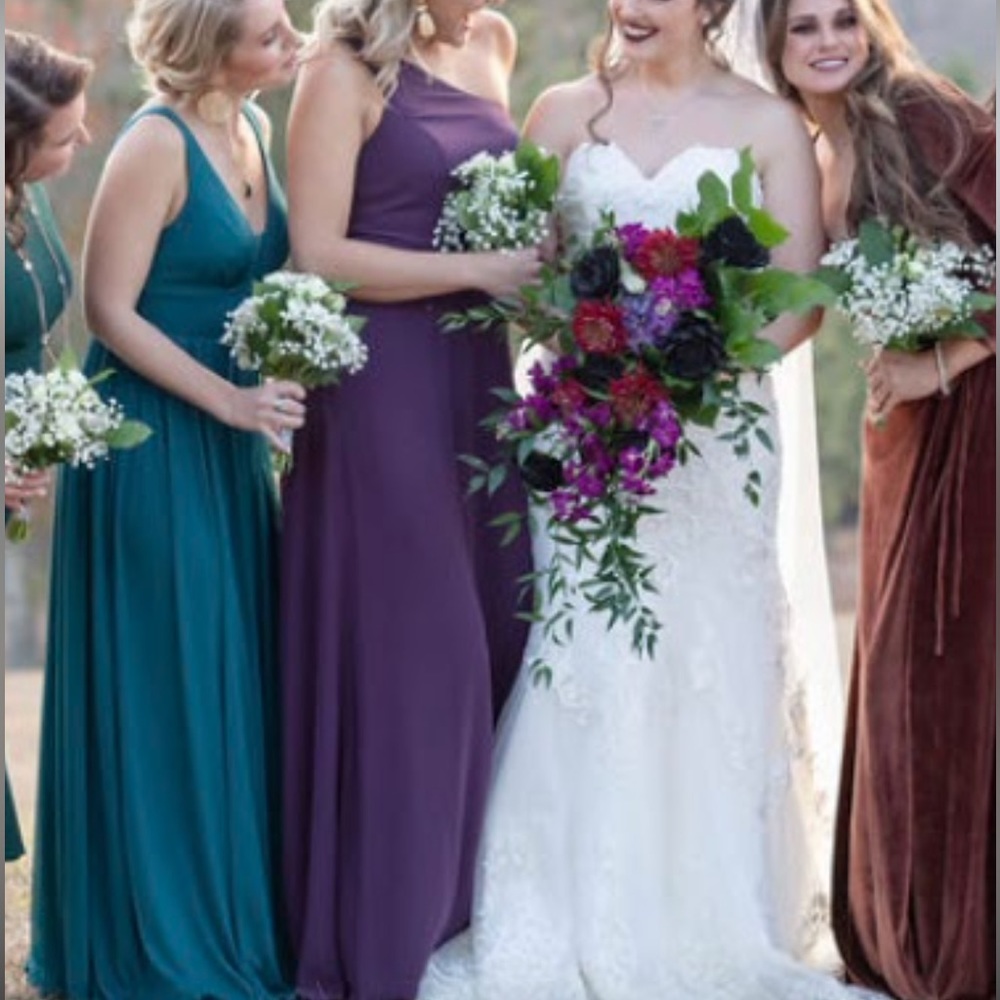 david's bridal one-shoulder simple chiffon bridesmaid dress in plum